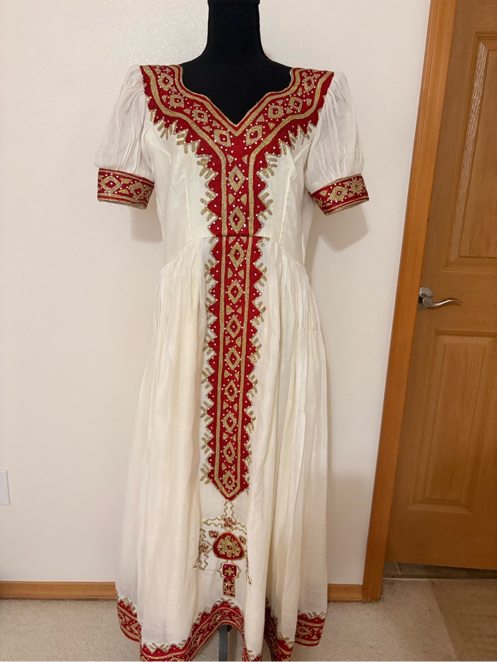 White Dress with Red & Gold Embroidered V-Neck - Brand